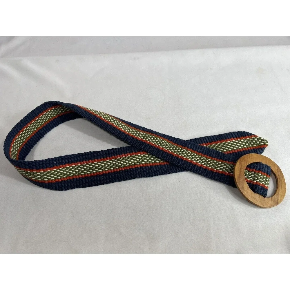 Vintage Wide Canvas Belt Women's Petite Woven Blue Green Red Wooden Buckle‎